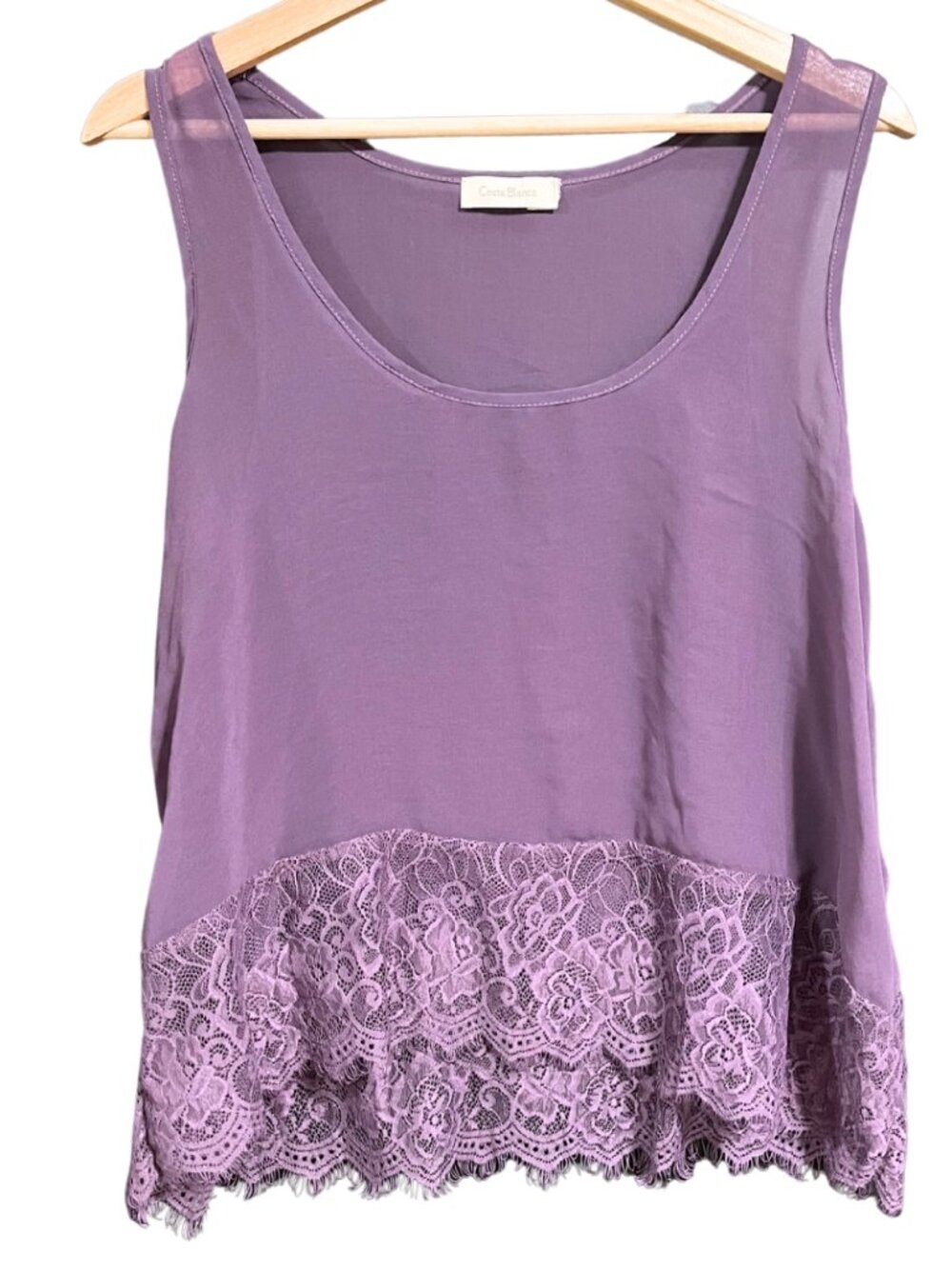 Costa Blanca Purple Lace-Hem Boho Semi-Sheer Scoop Neck Tank Top – L